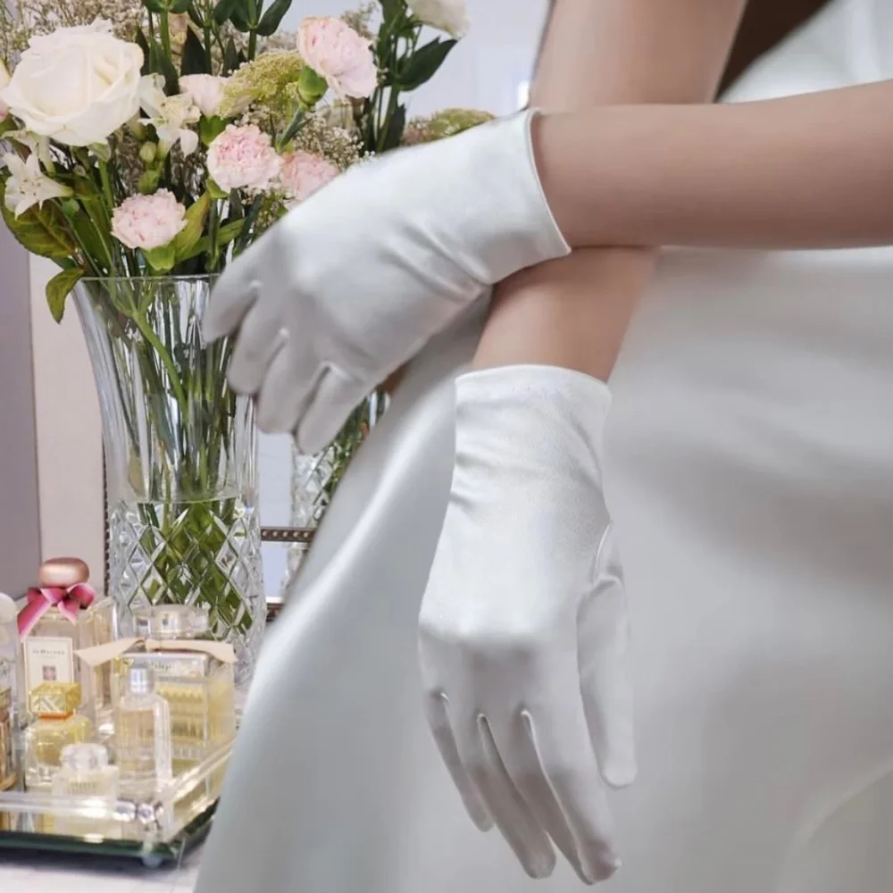 White Satin Luxury Short Gloves Wrist Length Wedding Gloves Bride Accessory Gift